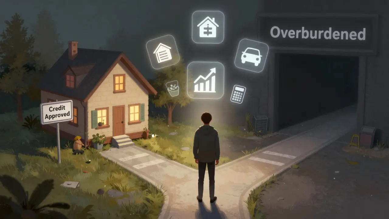 Mensch an einer Kreuzung zwischen finanzieller Sicherheit und Überlastung, umgeben von Ausgaben-Symbolen.