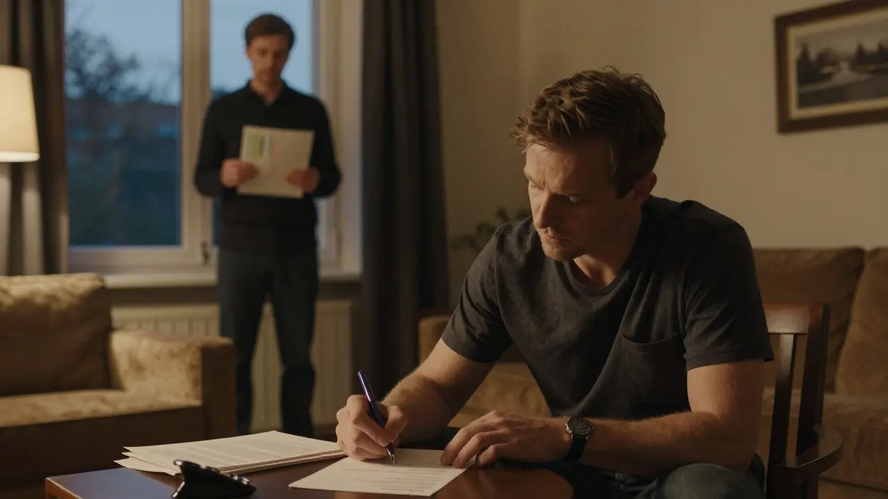 Mieter schreibt Brief zur Mietminderung, während Vermieter einen Statistikbericht hält — abendliche Beleuchtung, ruhige Stimmung.