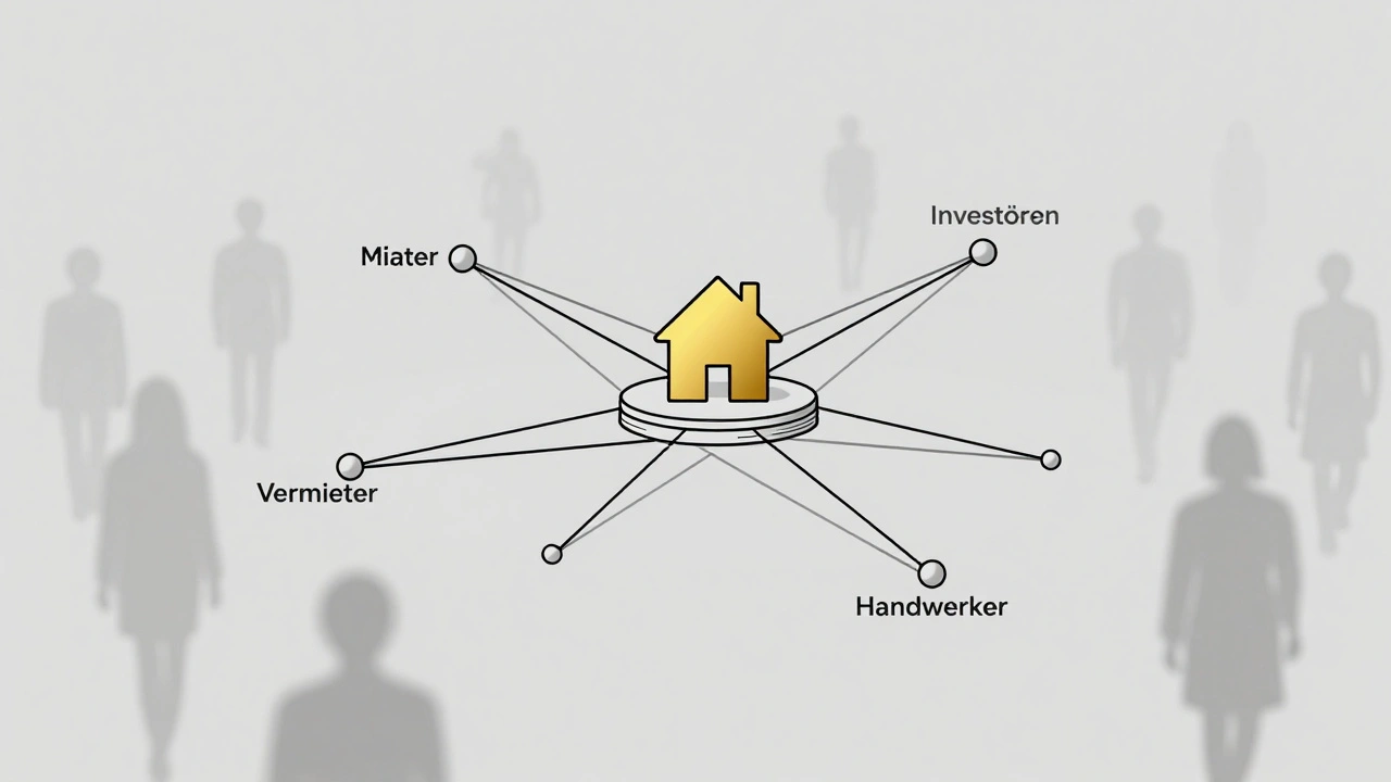 Netzwerk aus verbundenen Knoten, die Mieter, Vermieter und Investoren über eine zentrale Plattform verbinden.