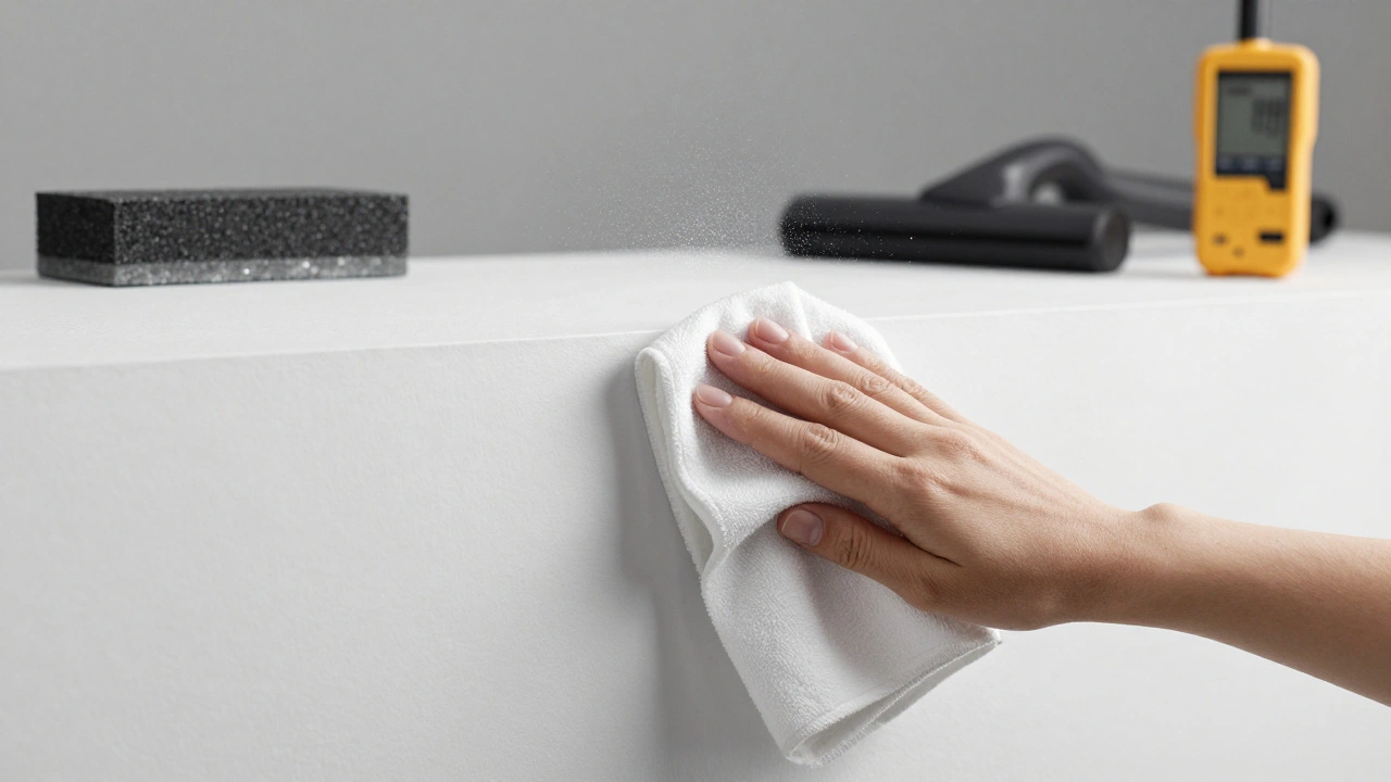 Perfekt vorbereitete Wand mit Mikrofasertuch, das letzte Staubpartikel aufnimmt, Tack-Cloth in der Luft.