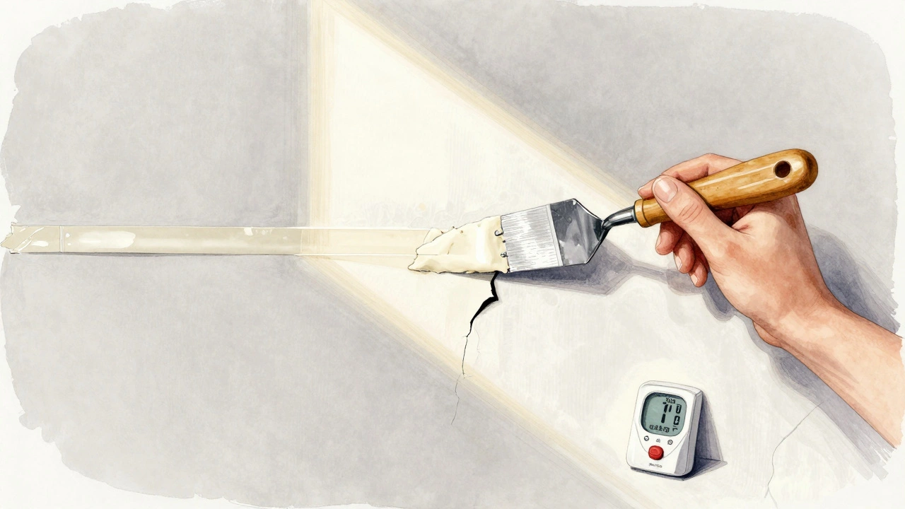 Professioneller Maler füllt Risse mit Spachtel und Gewebe, Sonnenlicht betont die glatte Oberfläche.