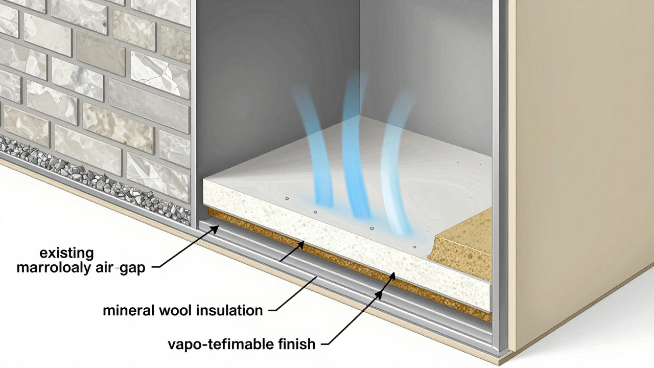 Querschnitt einer hinterlüfteten Vorsatzschale mit Luftspalt, Dämmung und Dampfbremse in technischer Zeichnungsweise.