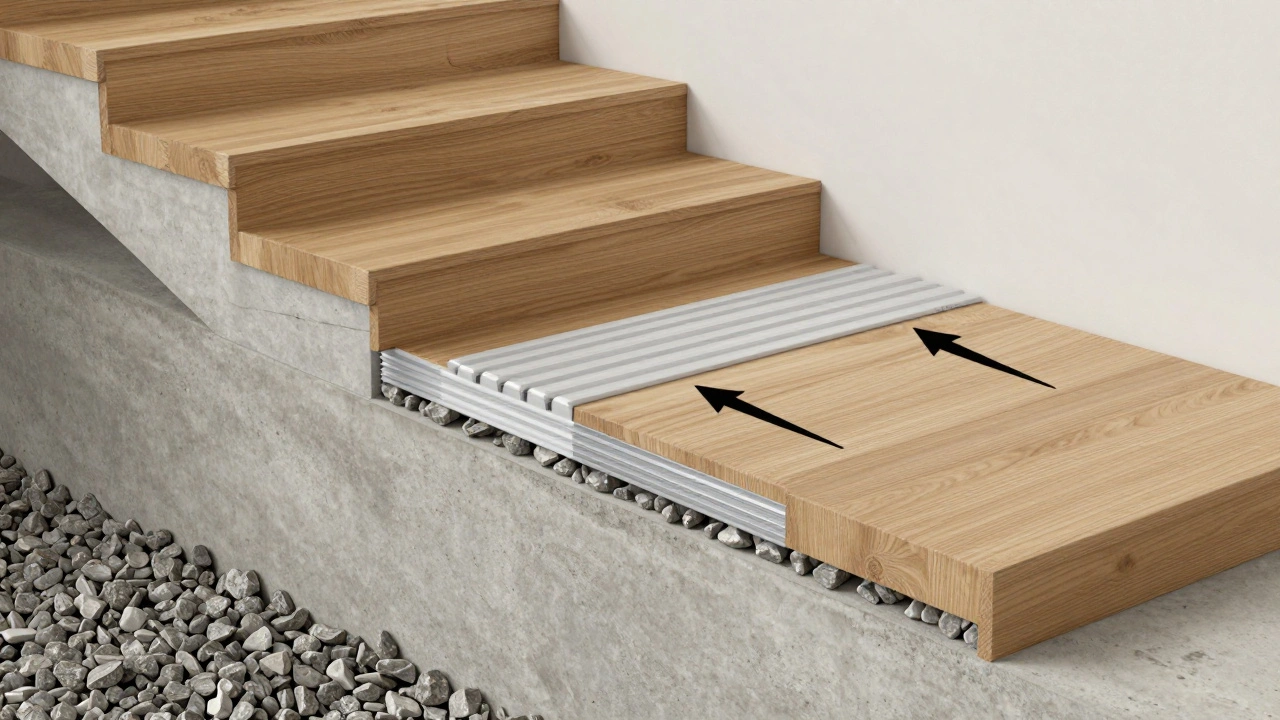 Querschnitt einer Treppenkonstruktion mit Kieslage unter dem Sockel, Polypropylen-Streifen unter der Trittstufe und Feuchtigkeitsschutzschicht.