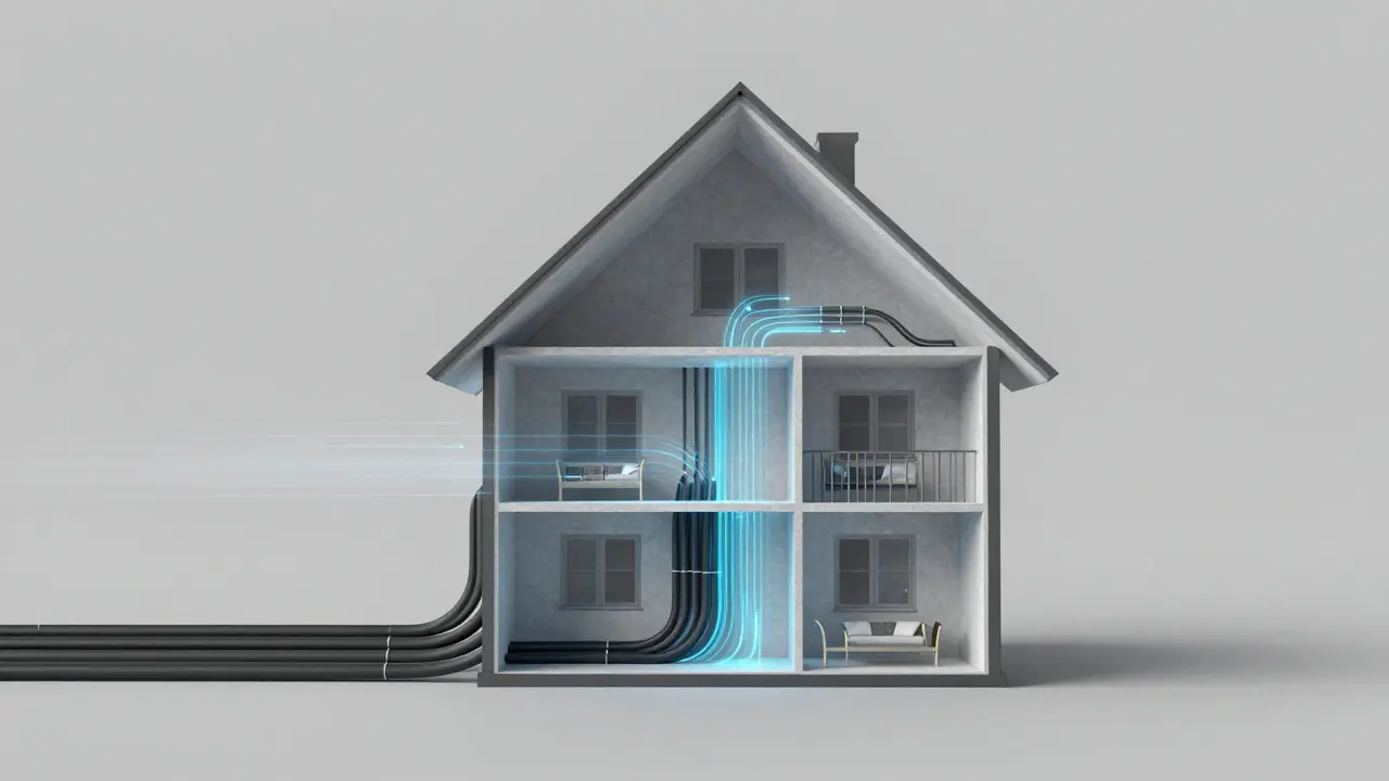 Querschnitt eines Hauses mit Leerrohren, die alle Etagen verbinden und Datenströme transportieren.