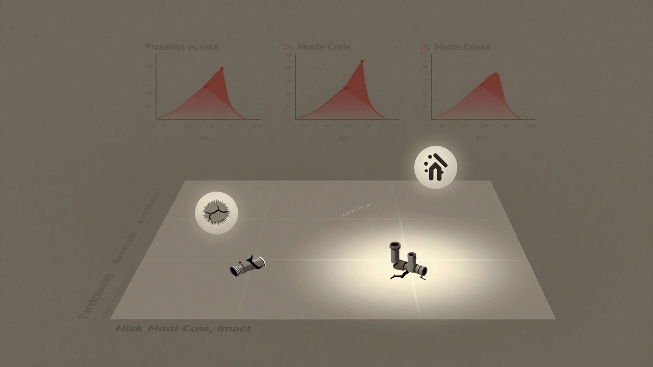 Risikomatrix mit Wahrscheinlichkeits- und Schadensanalysen sowie versteckten Baufehlern als Symbole.