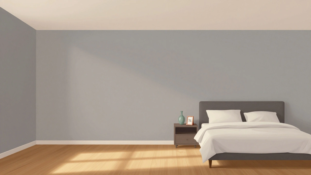 Schlafzimmer bei Tagesanbruch mit warmgrauen Wänden, holzfarbenem Boden und einer smaragdgrünen Vase als Akzent.