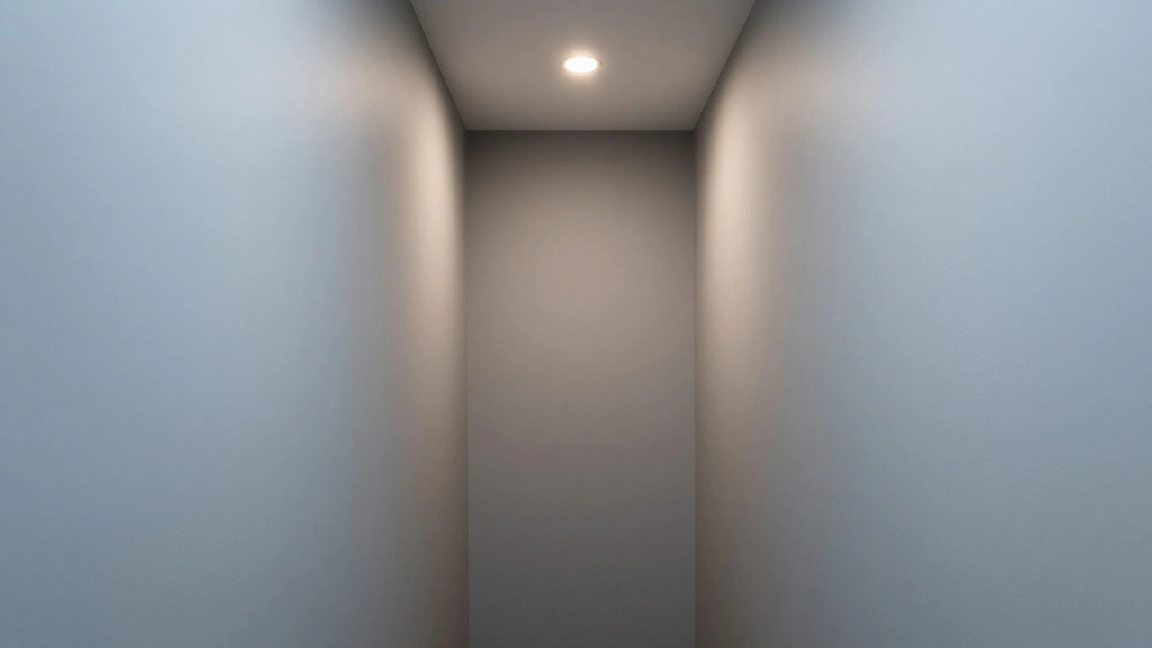 Schmaler Flur mit drei hellblaugrauen Wänden und einer dunklen Beige-Wand, die Tiefe erzeugt, bei warmem Licht.