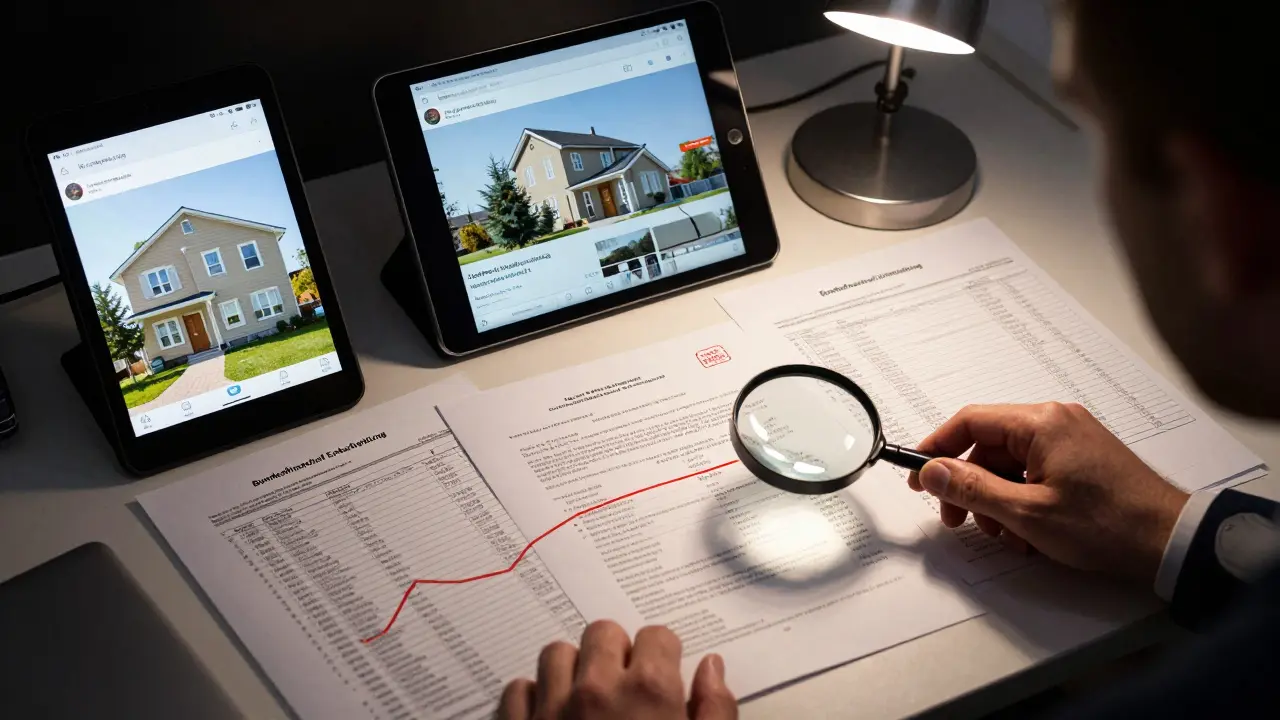 Steuerbeamter prüft digitale Dokumente mit Immobilienanzeigen, Transaktionen und einem Gewerbe-Stempel auf einem Dokument.