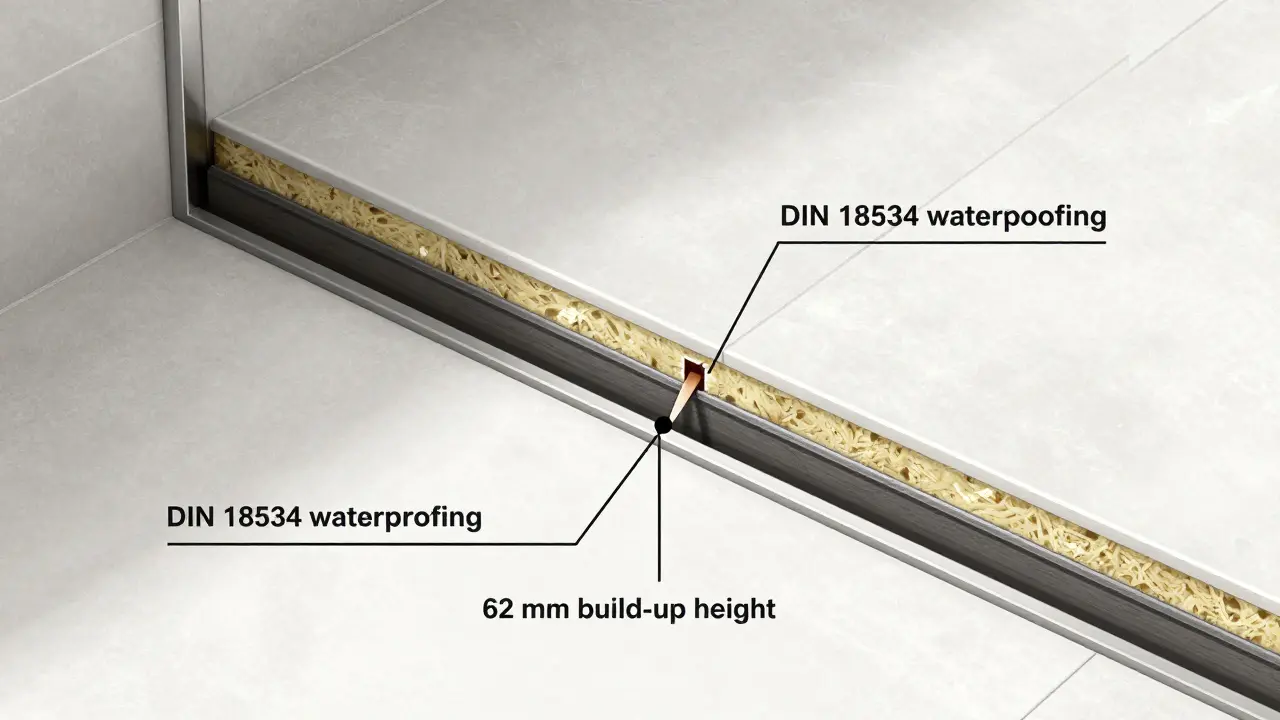 Technische Querschnittsansicht einer Duschrinne mit Gefälle und Abdichtung nach DIN 18534.