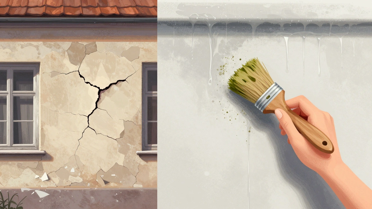 Vergleich: beschädigte Fassade links, geschützte Fassade rechts mit wassertropfender Oberfläche.