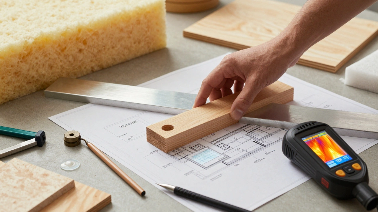 Vergleich von Holz- und Metallunterkonstruktionen mit Dämmstoffproben und Werkzeugen auf einer Werkbank.