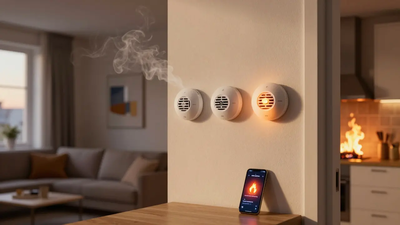 Wohnzimmer mit drei vernetzten Rauchmeldern, die drahtlos verbunden sind; ein Melder warnt vor Rauch aus der Küche.