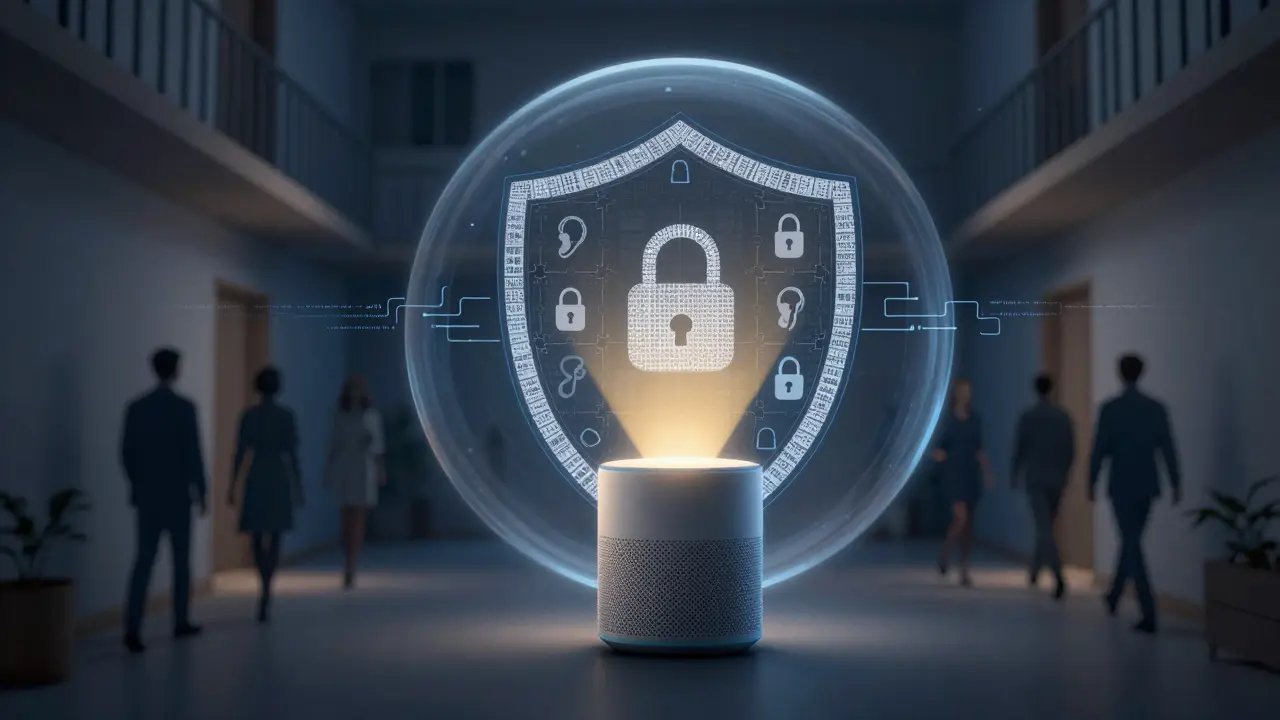 Digitale Schutzkuppel um einen Sprachassistenten, die fremde Stimmen blockiert.