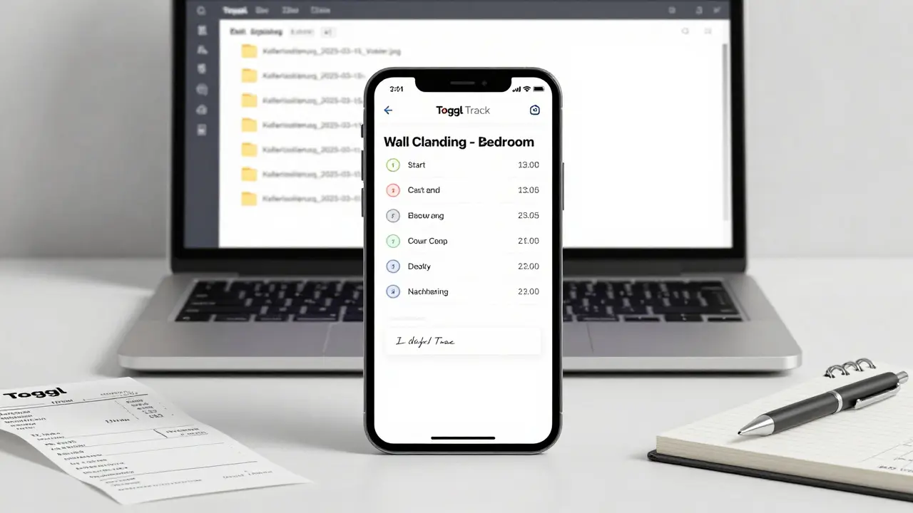 Digitaler Stundenzettel auf Smartphone mit Arbeitszeit und Rechnungen auf dem Schreibtisch.