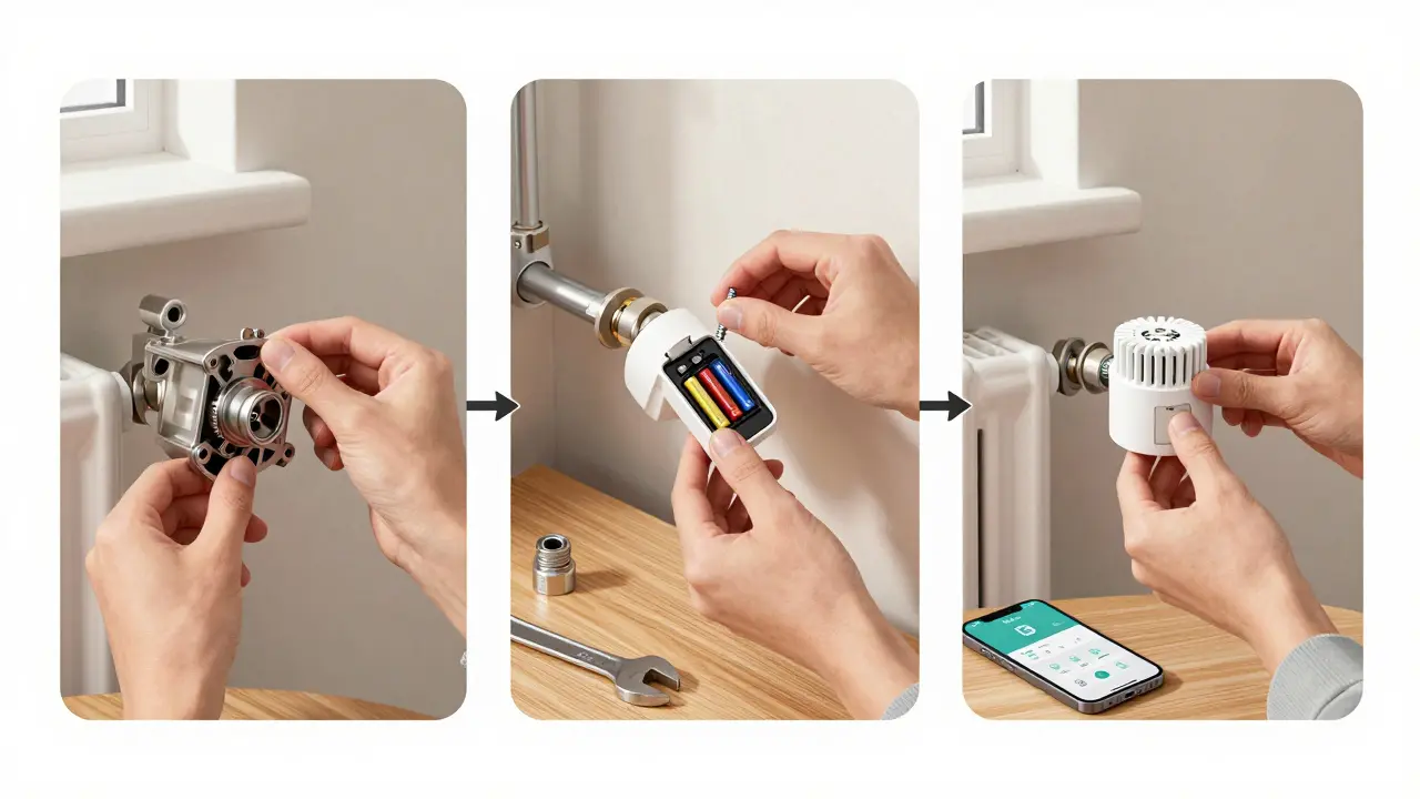 Dreischrittige Installation eines Smart-Thermostats an einem Heizkörper mit Werkzeugen.