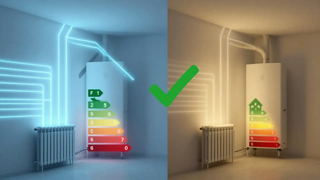 Ein Haus mit gleichmäßiger Wärmeverteilung im Vergleich zu einer ineffizienten Version, symbolisiert durch Lichtstrahlen und Förderlogo.