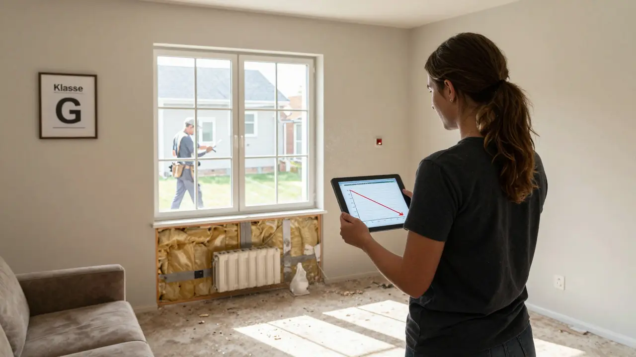 Ein Immobilienmakler zeigt auf einem Tablet einen Abwärtstrend bei Immobilien mit schlechter Energieklasse, während außen Dämmarbeiten stattfinden.