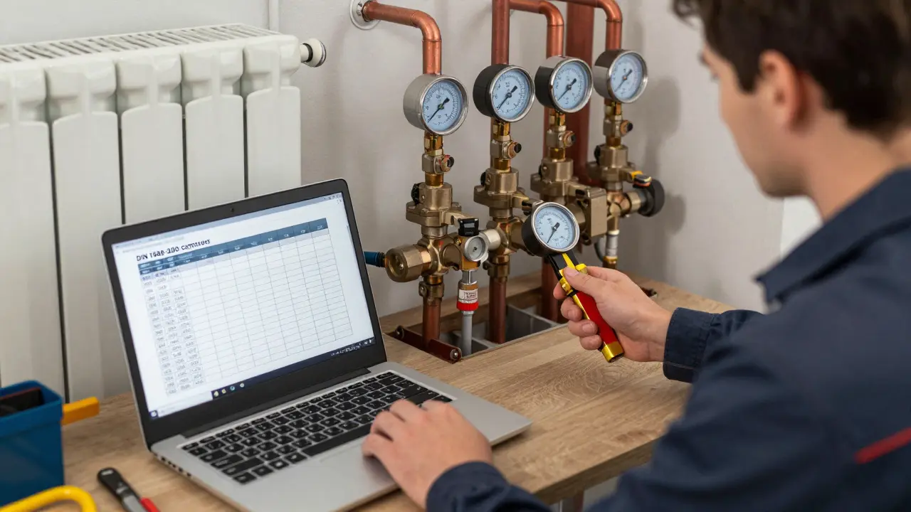 Ein zertifizierter Installateur misst und justiert Heizungsventile mit digitalen Geräten während eines hydraulischen Abgleichs.