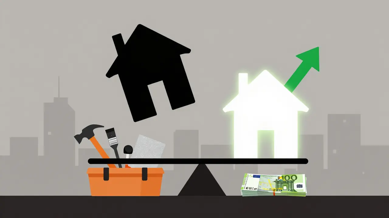 Eine Waage, die Renovierungskosten gegen Verkaufskosten abwägt, mit einem Haus im G-Rating, das nach unten sinkt.