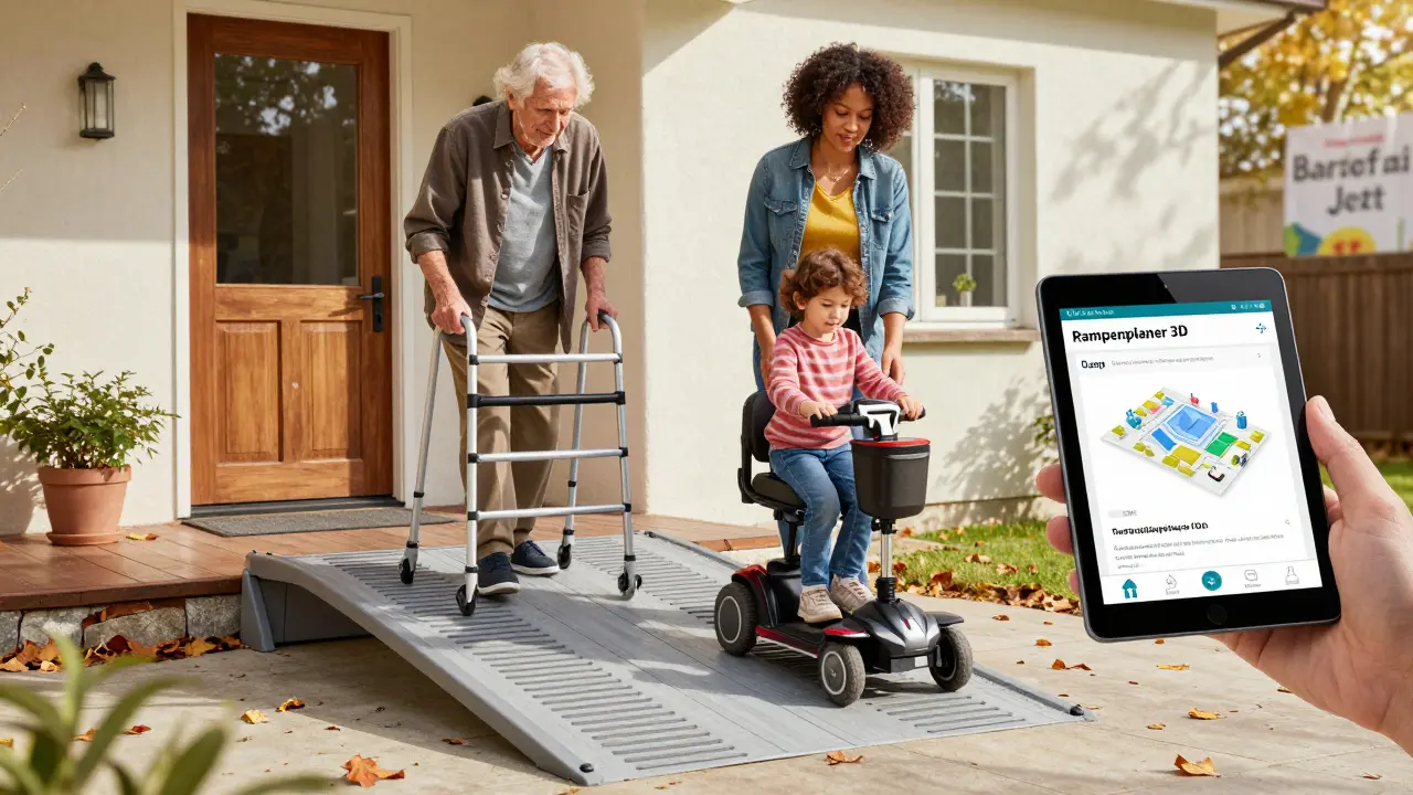 Familie mit verschiedenen Mobilitätshilfen nutzt eine rutschfeste Kunststofframpe, während ein Tablet die digitale Planung zeigt.