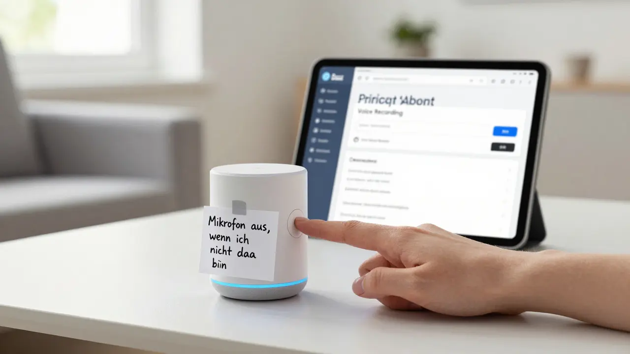Hand drückt den physischen Mikrofon-Aus-Knopf eines Sprachassistenten mit einem Datenschutzhinweis.