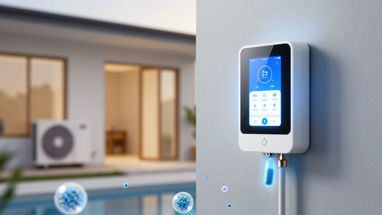 Intelligente Heizungssteuerung mit Echtzeit-Datenanzeige und biologisch abbaubaren Partikeln im Wasserfluss.