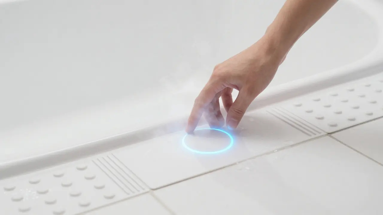 Intelligenter Bodenindikator mit subtiler Lichtsignale am Badewannenrand, Dampf steigt auf, wasserabfließende Struktur, modernes Design.