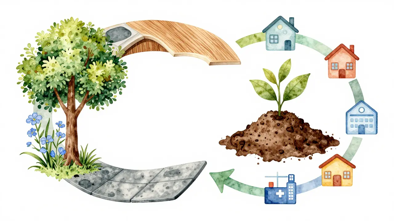 Kreislauf aus Naturmaterialien, Bodenbelägen und kompostierbarem Abbau in sanften Farben.