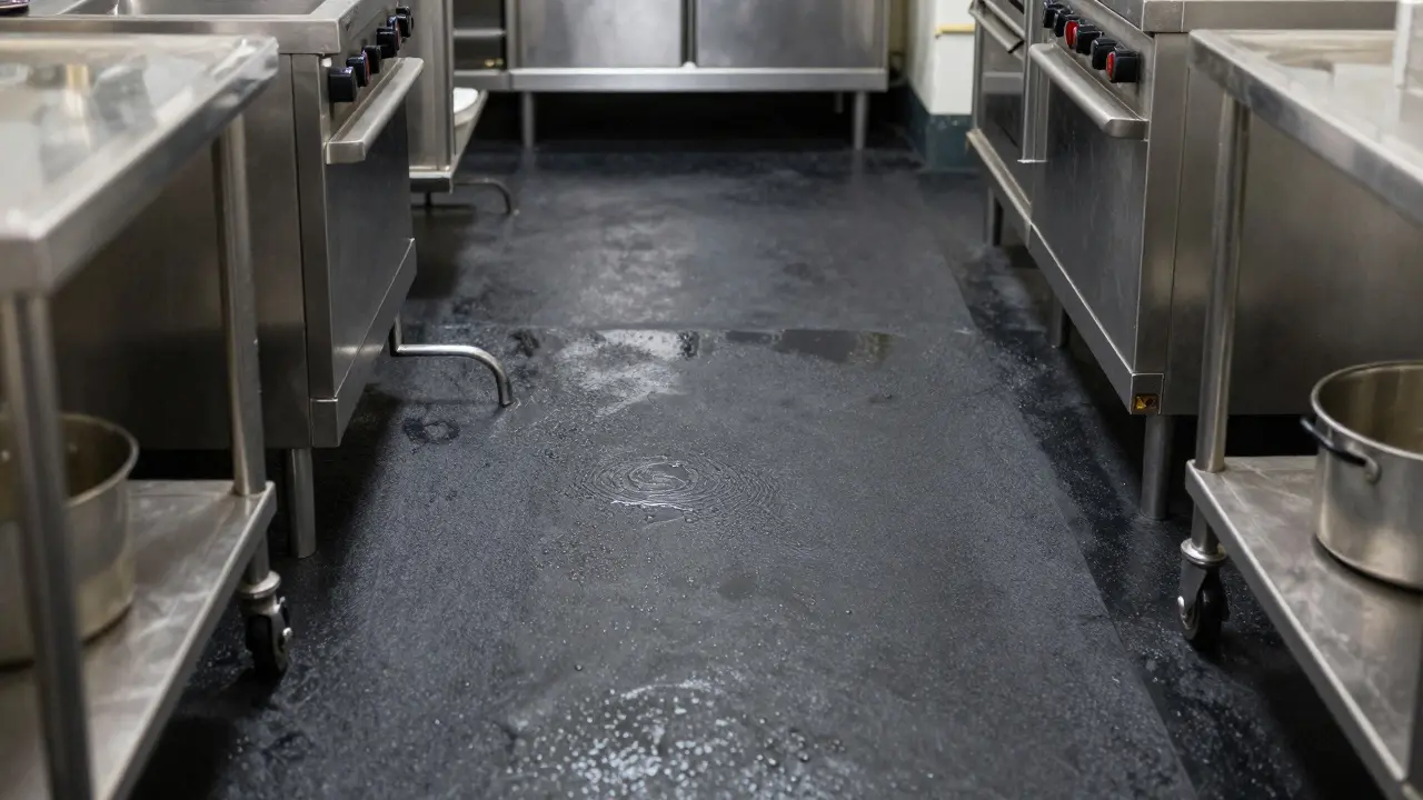 Küche mit widerstandsfähigem Kautschukboden und einem heruntergefallenen Topf ohne Schaden.