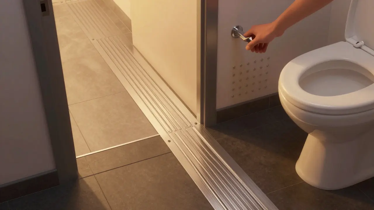 Leitstreifen mit Rippen führen durch das Bad zu einem Haltegriff, tactile Feld vor dem Griff, sanftes Licht, keine Personen sichtbar.