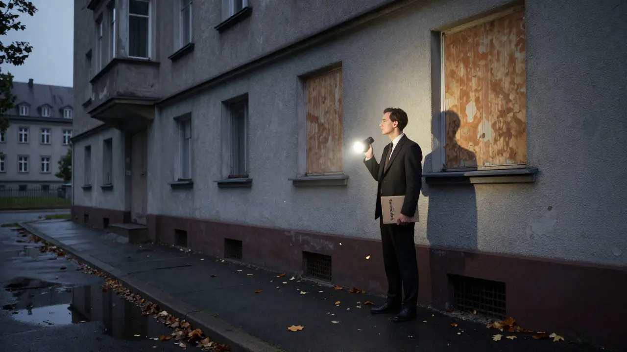 Mann mit Grundbuchauszug vor einem verlassenen Haus bei Dämmerung, Lichtkegel auf verfallener Fassade.