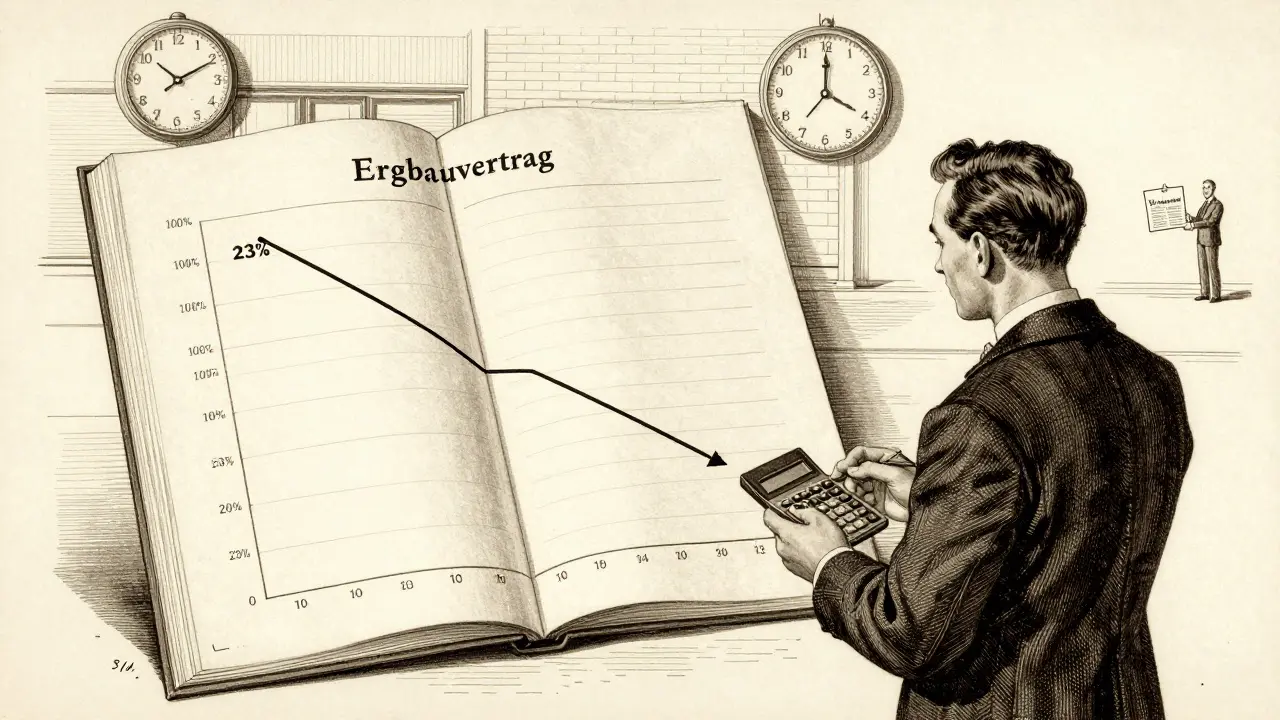 Mann studiert Erbbauvertrag mit fallendem Wertdiagramm und ablaufender Uhr
