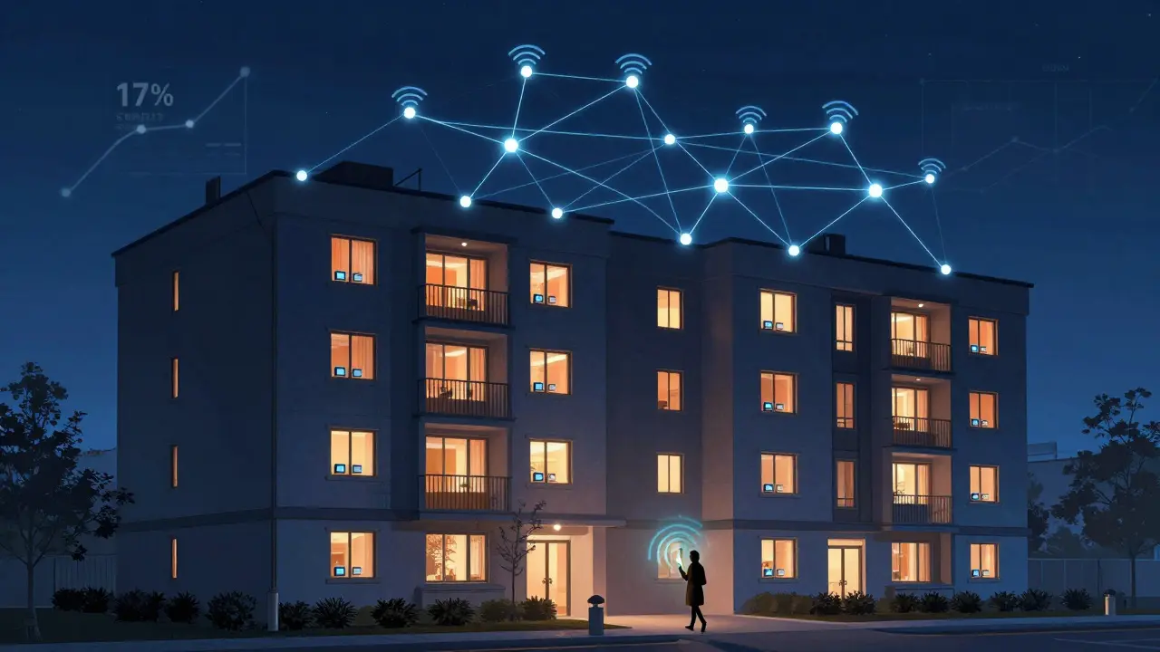 Mehrfamilienhaus mit wireless verbundenen Smart-Thermostaten und Energieeinsparungssymbolen.