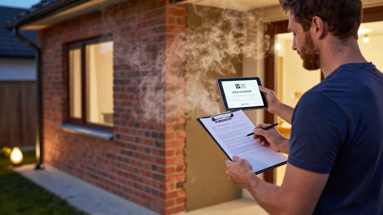 Neu sanierte Fassade mit Ziegelsteinen, Handwerker und Hausbesitzer besprechen Vertrag bei Abendlicht.