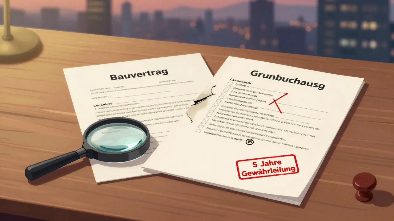 Offener Kaufvertrag und Grundbuchauszug mit Liste von Bauschäden auf einem Holztisch.