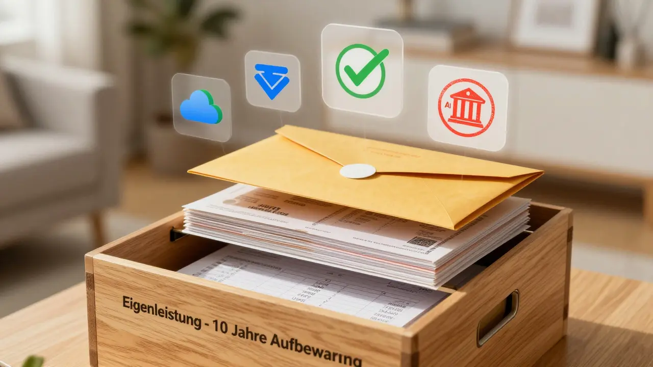 Ordner mit Eigenleistungs-Dokumenten öffnet sich, um digitale Speicher und Bankfreigabe zu symbolisieren.