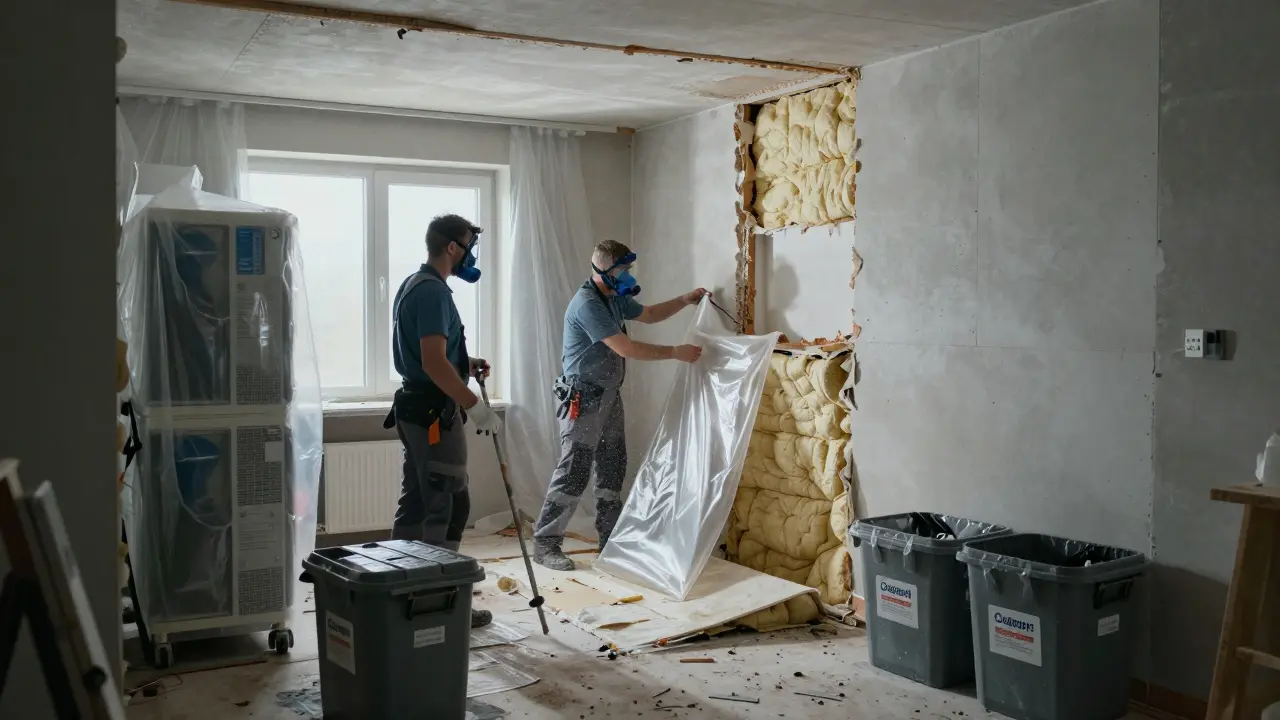 Professionelle Sanierungsarbeiten mit Abtrennung und Entfernung von feuchter Dämmung in einem Haus.