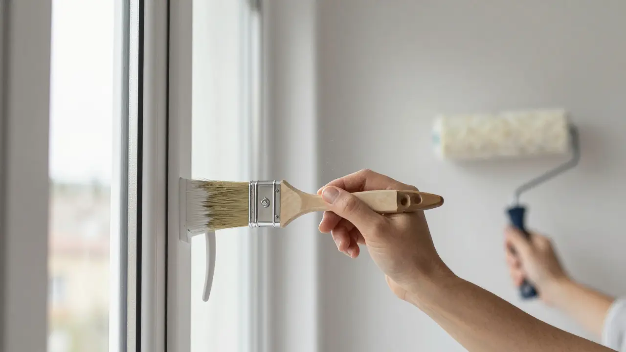 Professioneller Pinsel mit Biber-Schwanz-Spitze präzise an einem Fensterrahmen, Mikrofaser-Walze auf Wand dahinter.