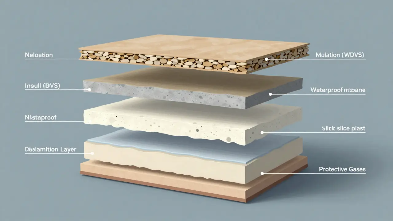 Querschnitt einer Fassade mit fünf Schichten: Abtragung, Dämmung, Abdichtung, Putz und Beschichtung.