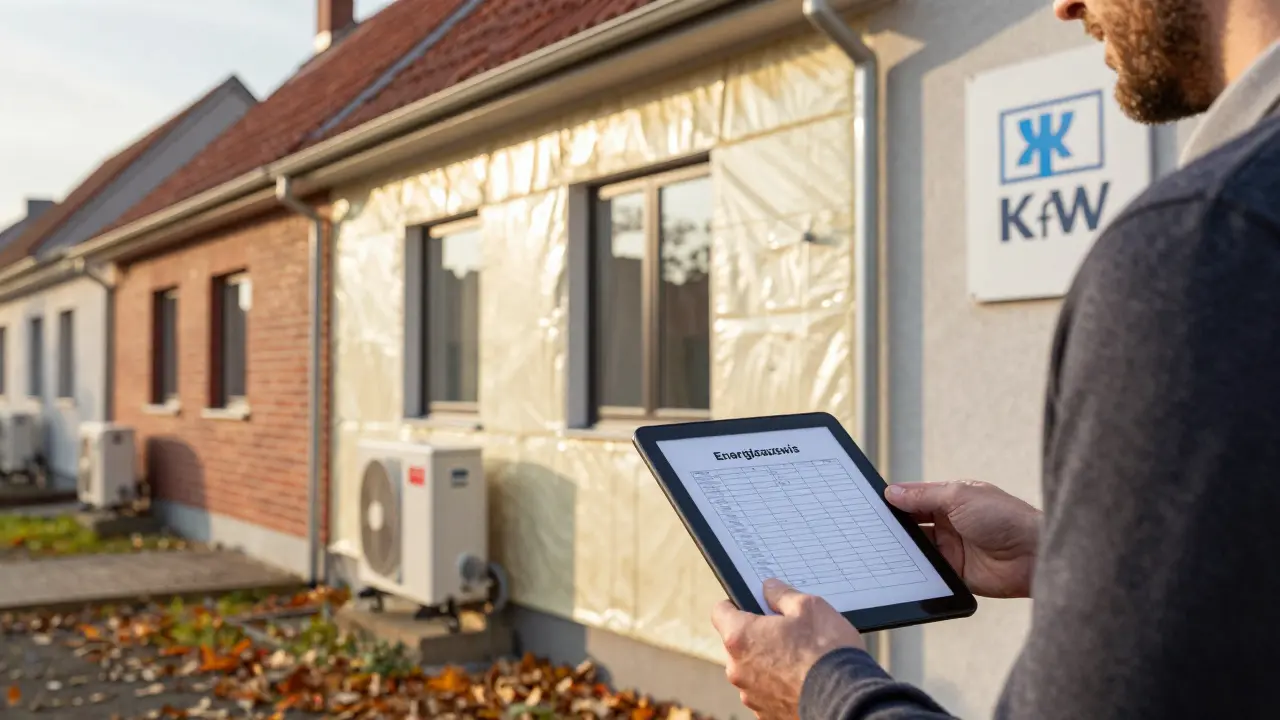 Renoviertes deutsches Einfamilienhaus mit Dämmung und Wärmepumpe, Besitzer übergibt digitalen Energieausweis an Berater.