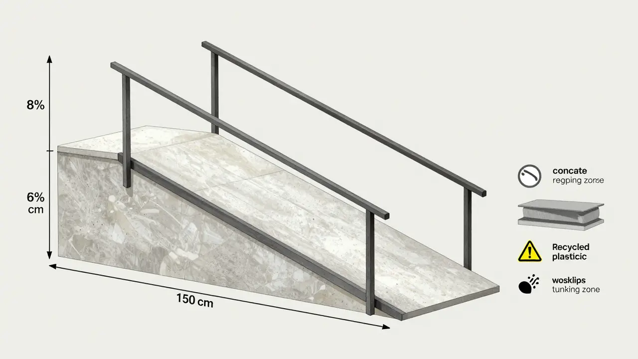 Technische Zeichnung einer barrierefreien Rampe mit maßstabsgetreuen Abmessungen: 6% Steigung, Handläufe, Wendefläche und Materialvergleich.
