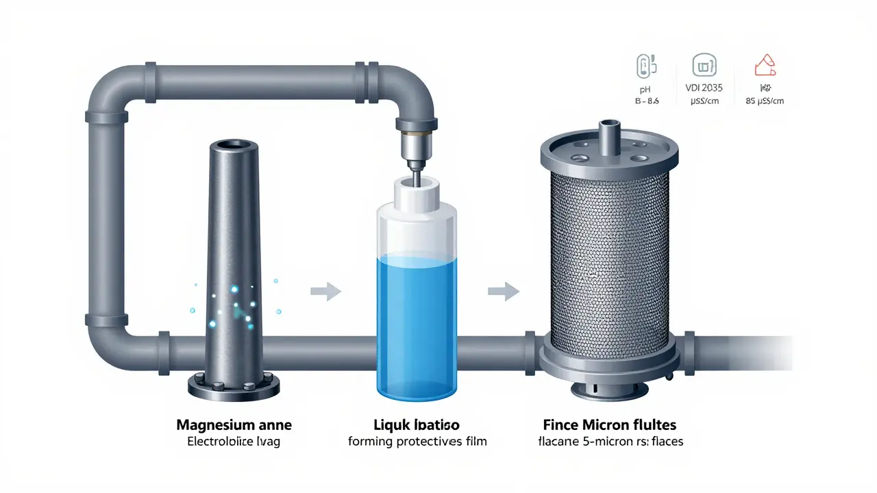 Technische Zeichnung eines Heizsystems mit drei Schutzsystemen: chemisch, elektrochemisch und filtration, mit VDI 2035-Werten.