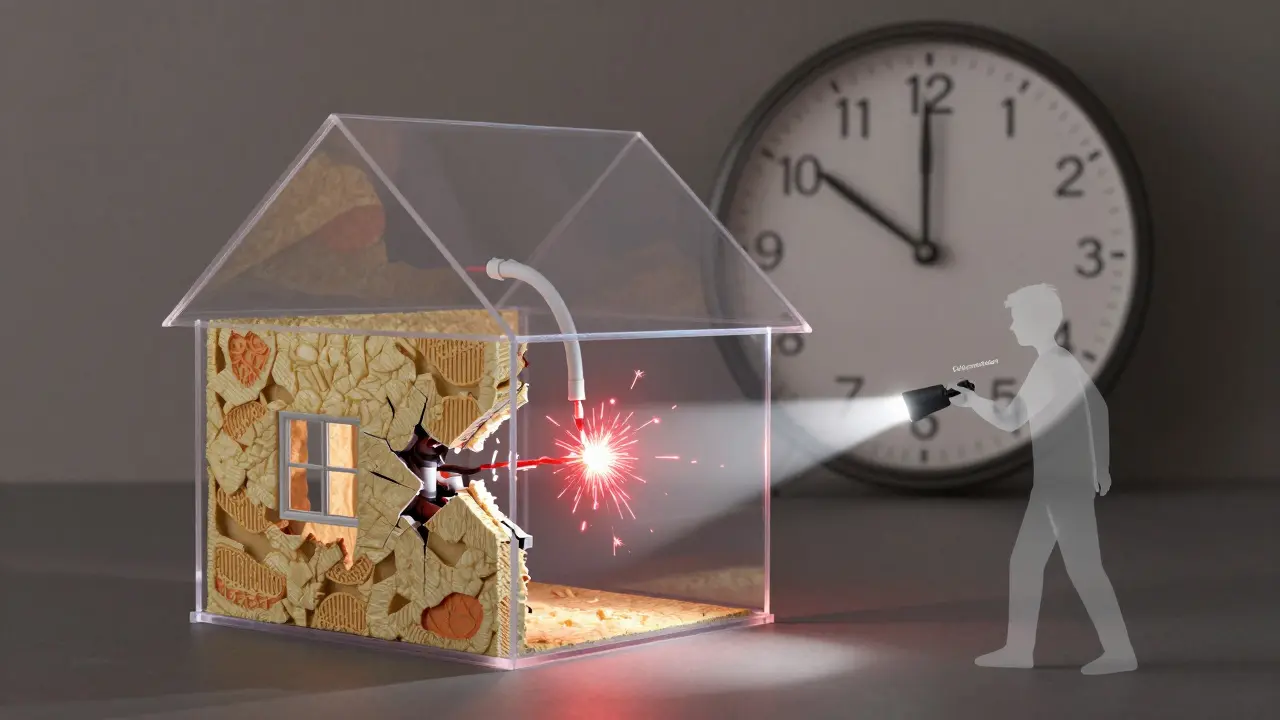 Transparenzhaus mit sichtbaren Baufehlern und einer Uhr, die die Gewährleistungsfrist anzeigt.