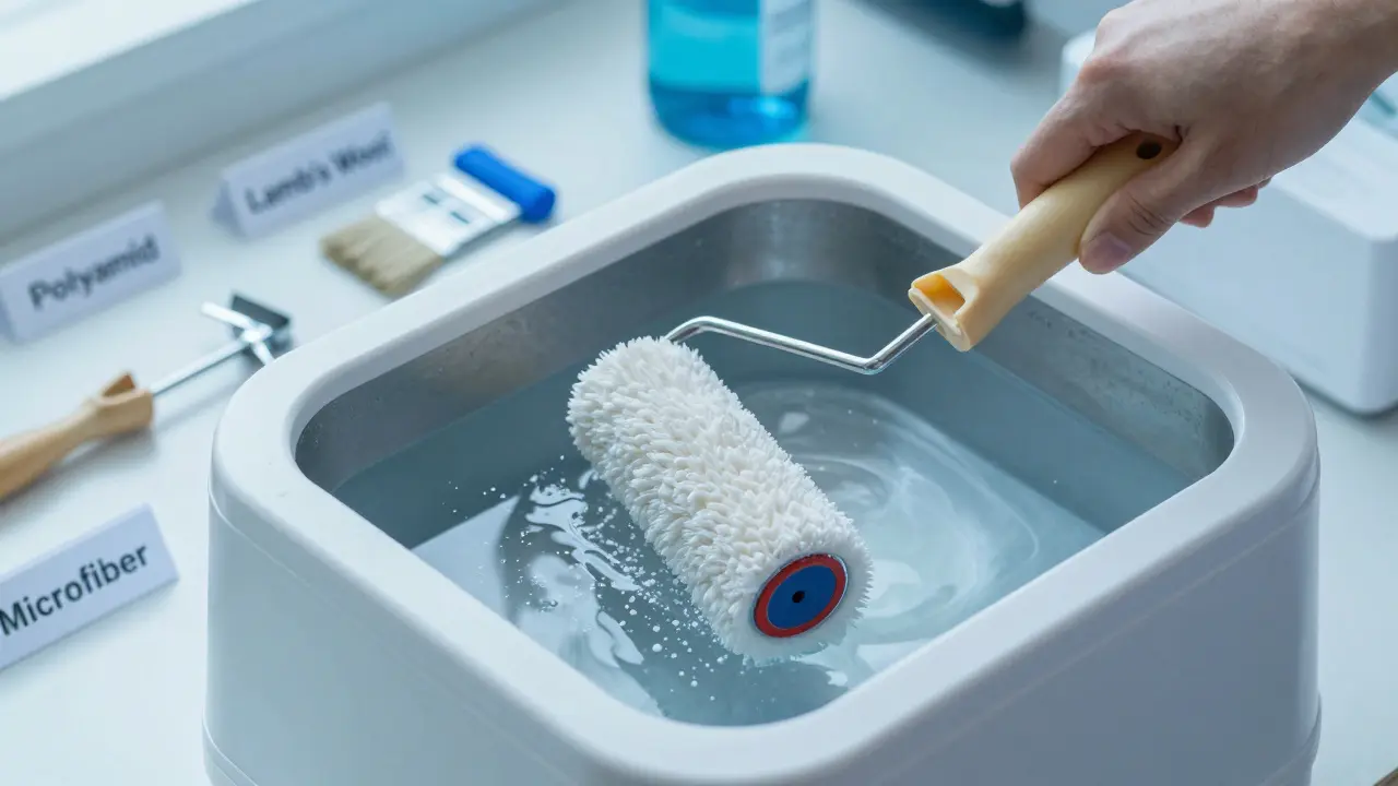 Ultraschall-Reiniger mit auslaufenden Farbpartikeln, Pinsel und Walze in Lösungsmittel, Werkzeuge im Hintergrund.