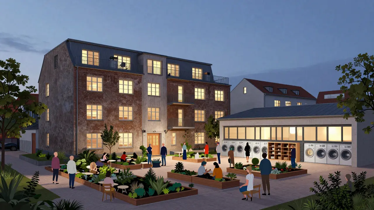 Umnutzung eines alten Industriegebäudes in eine wohnliche Gemeinschaft mit gemeinschaftlichem Garten.