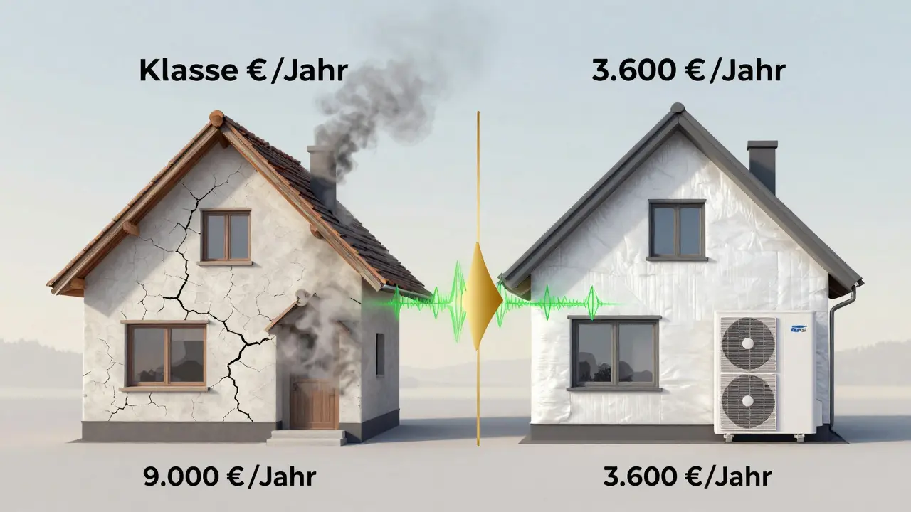 Vergleichsdarstellung eines Hauses: links mit hohen Energieverlusten, rechts mit Sanierung und geringeren Kosten.