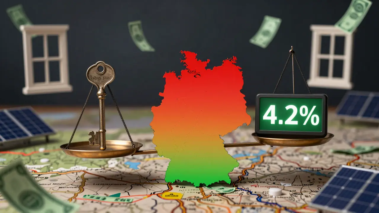 Waage mit Schlüssel und Cap-Rate-Zahl, über Deutschlandkarte mit kontrastierenden Investitionsregionen.