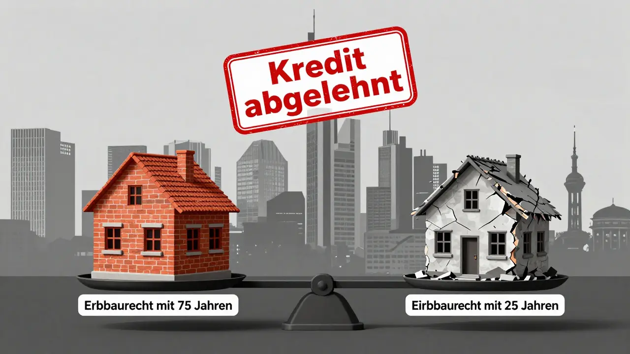 Waage mit zwei Häusern: eines stabil, eines zerfallen, mit Bank-Abweisung