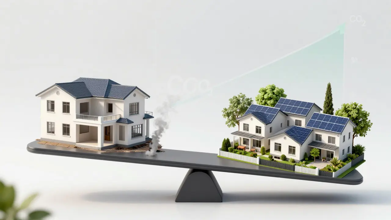 Waage zwischen verschwendeter Wohnfläche und nachhaltiger, kompakter Wohnform mit grünen Dächern.