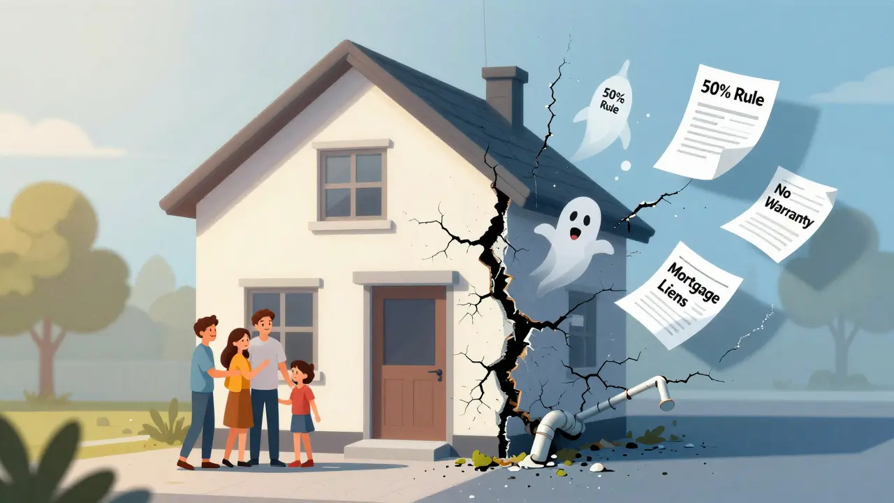 Zerbrochene Immobilie: eine Seite sauber und neu, die andere verfallen mit juristischen Warnhinweisen.